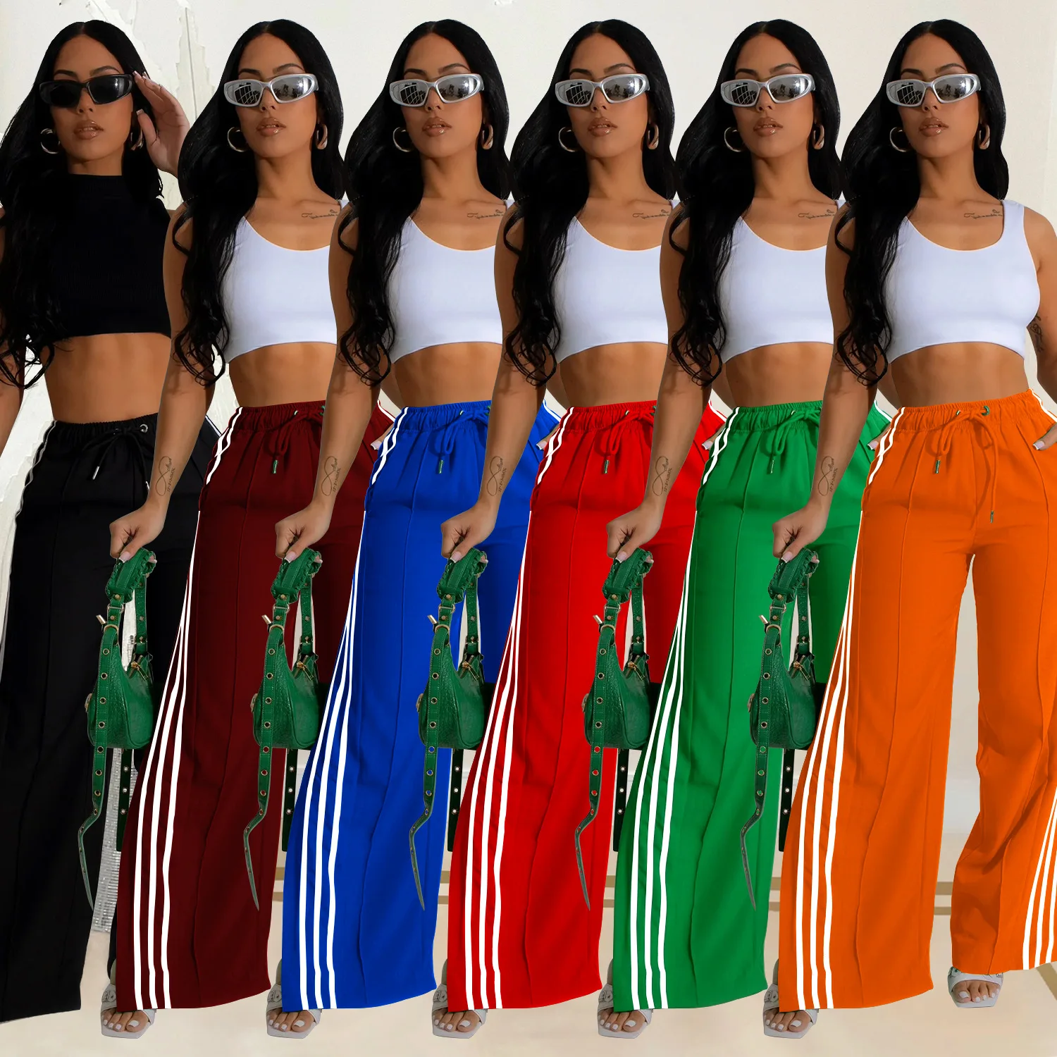 

Women'S Trousers Autumn Spring Fashion Striped Slit Loose Straight Trousers Casual High Waist Elastic Sports Wide Leg Pants