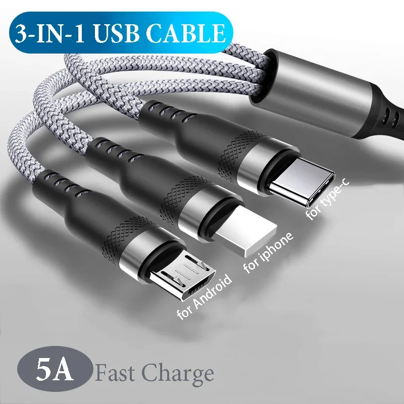 

3A(MAX) 3 In 1 Fast Charging Cable IOS Android Type-C Port USB Cable for IPhone Huawei Micro USB Multiple USB Charging Cord