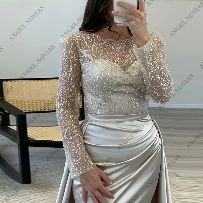 Mutter der Braut Kleid Pailletten Abendkleid geraffte Satin Kleid lange Ärmel boden lange Illusion Abschluss ball Hochzeit Gast kleid