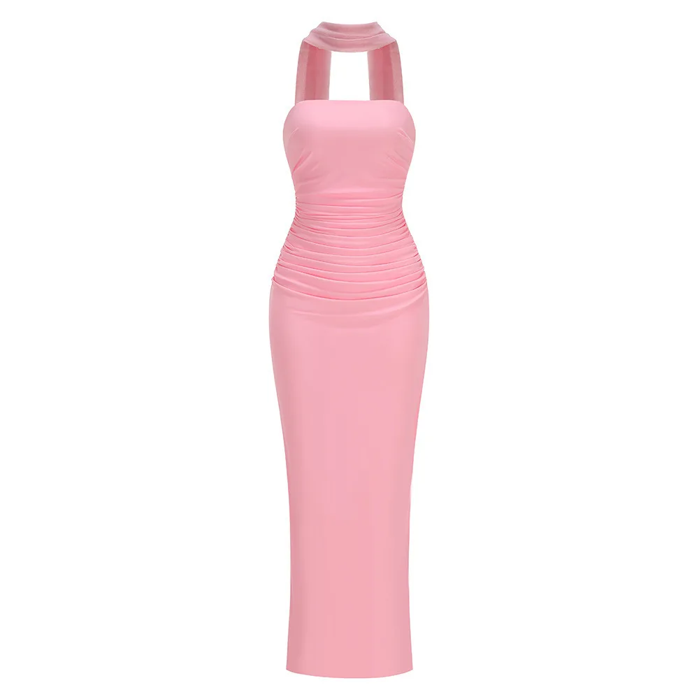 

Sexy Backless Ruched Pink Black Maxi Gown with Mesh Scarf for Elegant Evening Party Formal Prom Wedding Guest Long Dress