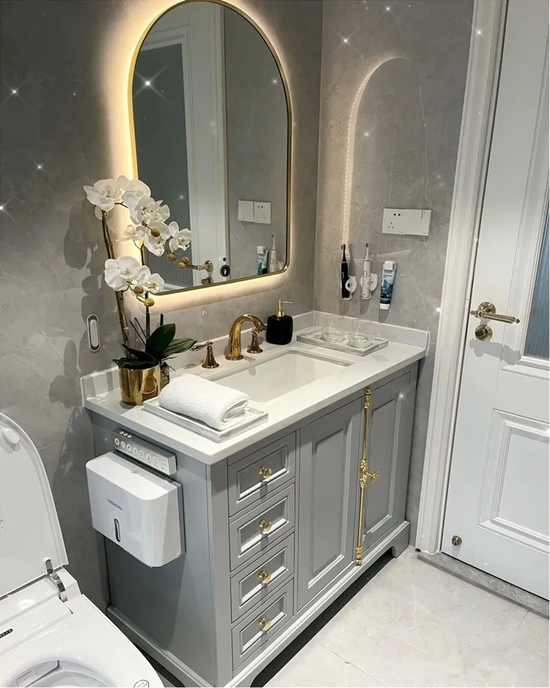 Light luxury bathroom cabinet combination solid wood hand wash basin bathroom smart bathroom cabinet washstand floor type