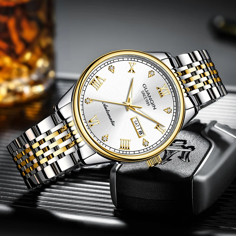 GUANQIN Роскошные мужские часы, полностью автоматические механические часы из нержавеющей стали с двойным календарем, водонепроницаемые часы высокого класса для бизнеса и отдыха