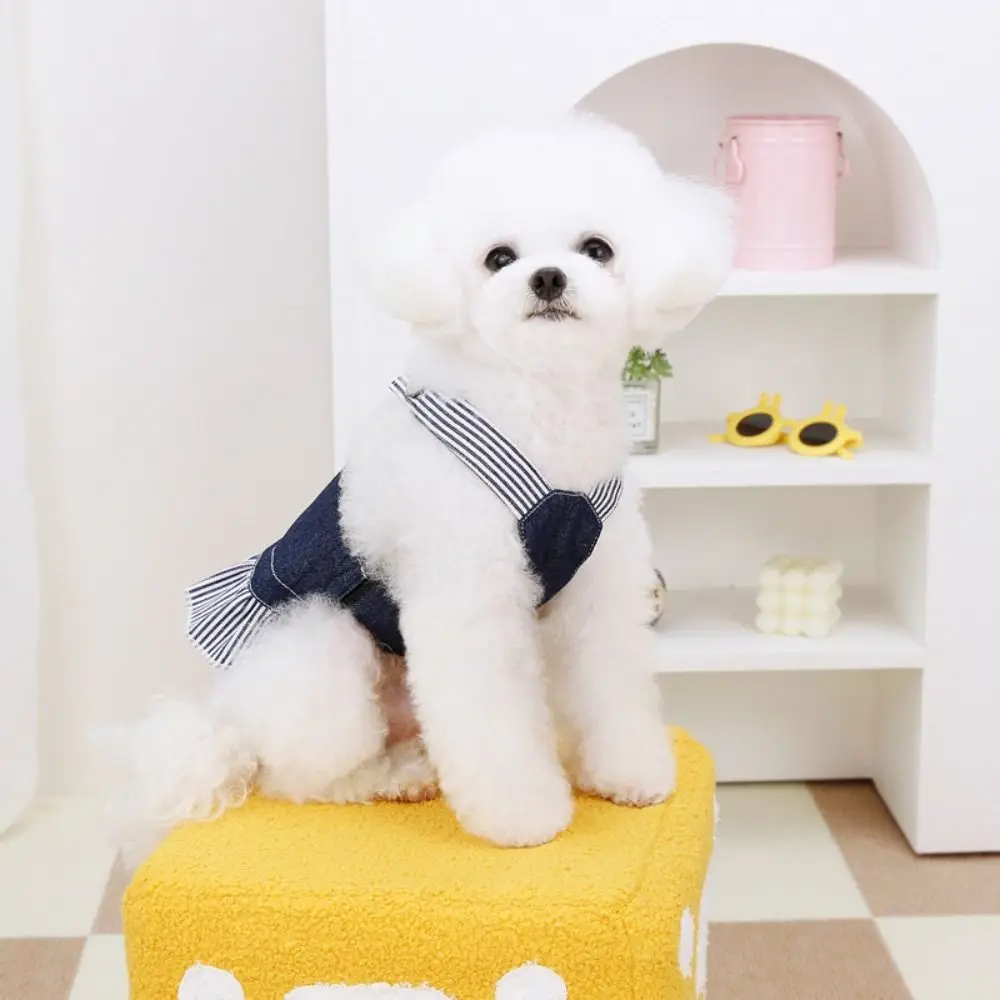 Fashion Cute Pet Strap Denim Skirt Breathable Soft Pet Bear Stripe Dress Thin Design Dog Vest Harness Chihuahua Poodle