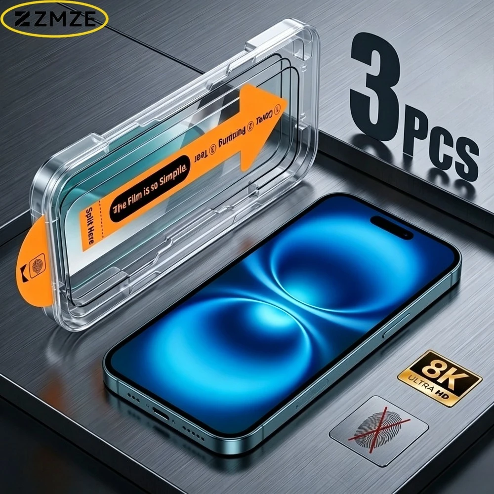 

3Pcs Full Cover Tempered Glass for iPhone 17 15 16 13 14 Pro Max 17e 16e 12 11 Pro Air 14 15 Plus Dust Free Installation Glass