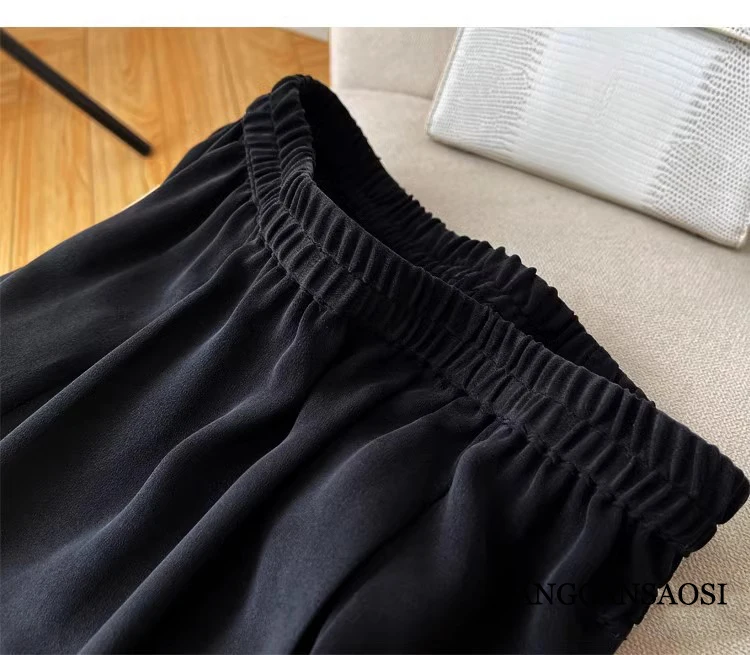 High Quality 32MM Heavy-duty 100% Natural Mulberry Silk Crepe De Chine Black Women's Casual Straight Leg Ankle-Length Pants