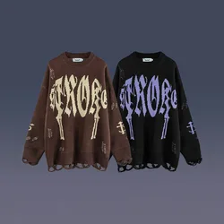 Autumnand y2k Streetwear Men New Retro Hole Fringed Sweater Loose Versatile Sweater For Men And Women Long Sleeve Sweater