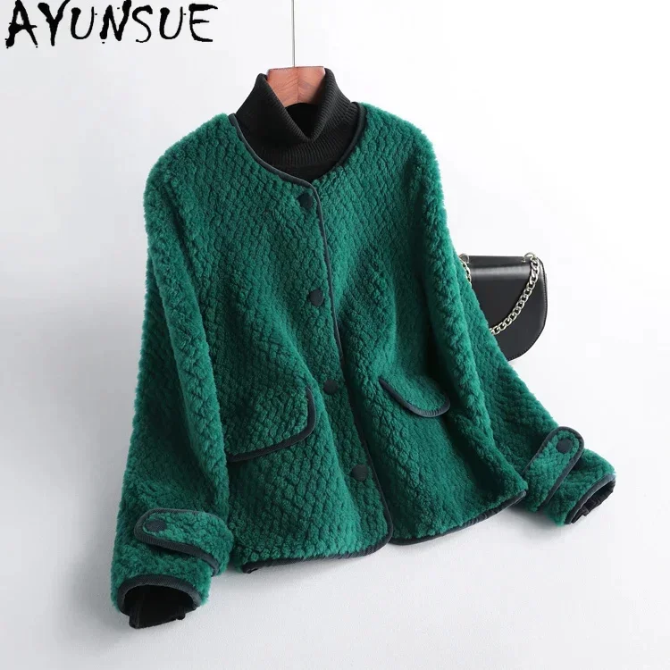 Elegant AYUNSUE Granular Wool Jacket for Women New Autumn Winter Short Sheep Shearing Coat Round-neck Ladies Coats and Jackets