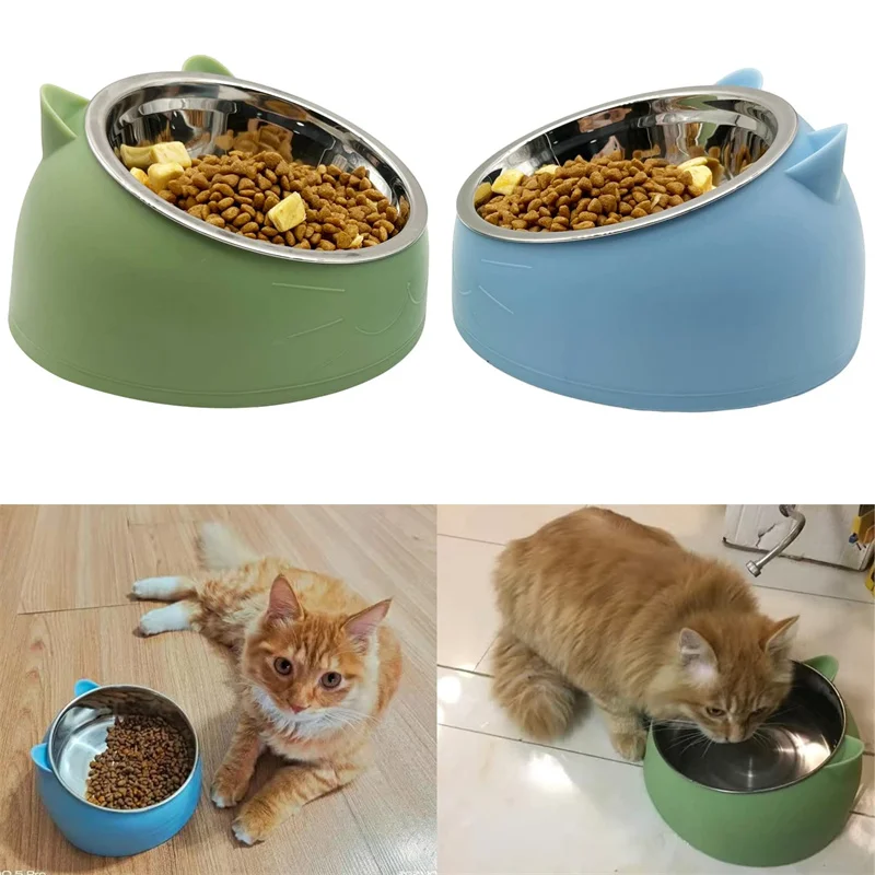 1pc Stainless Steel Cat Lovely Creative Inclined Kitten Puppy Food Feeding Bowls Cats Drinking Feeder Pet Dogs Cats Feeder