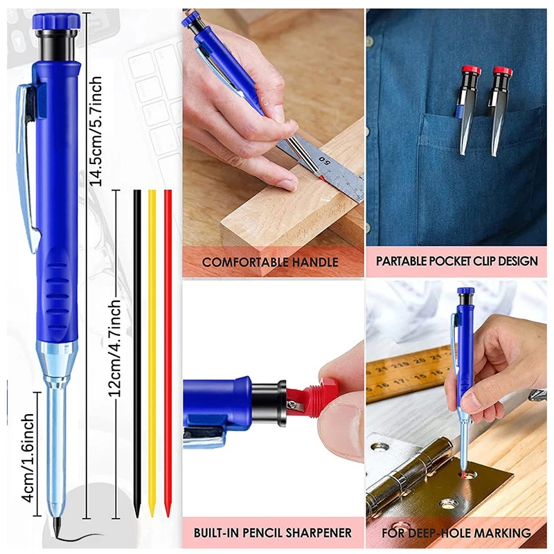 Solid Carpenter Pencil With Refill Lead And Built-in Sharpener For Deep Hole Pencil Scribing Tool