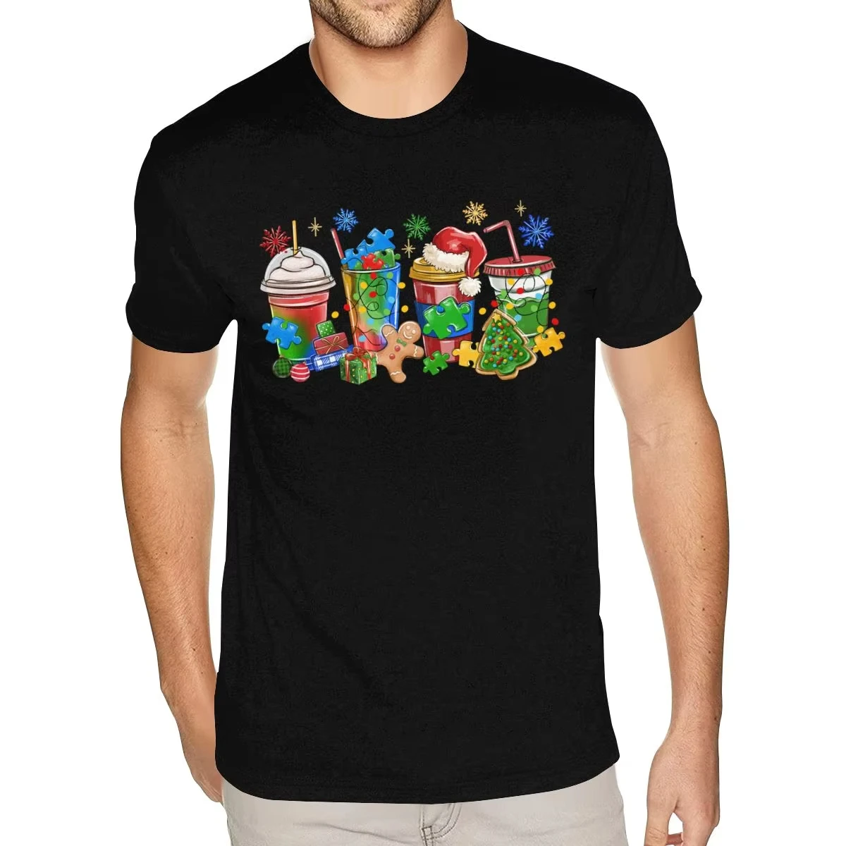 

Short-sleeved Round-neck Cotton Christmas Coffee T-shirt for Autism Awareness in Autumn and Winter, Amazing Boyfriend T-shirt