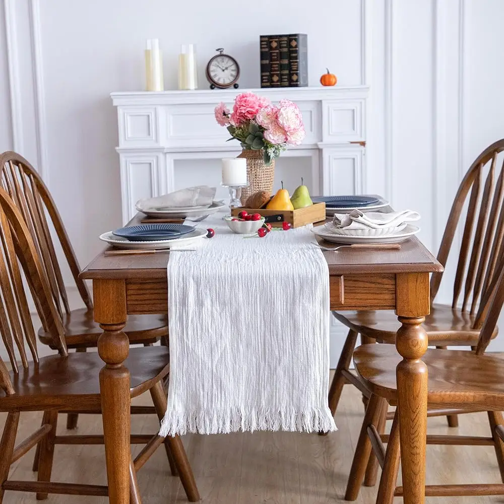 

Льняная хлопковая дорожка на стол - 14 x 72 дюйма, льняная дорожка в стиле фермерского дома с бахромой для богемной деревенской свадьбы, Brida