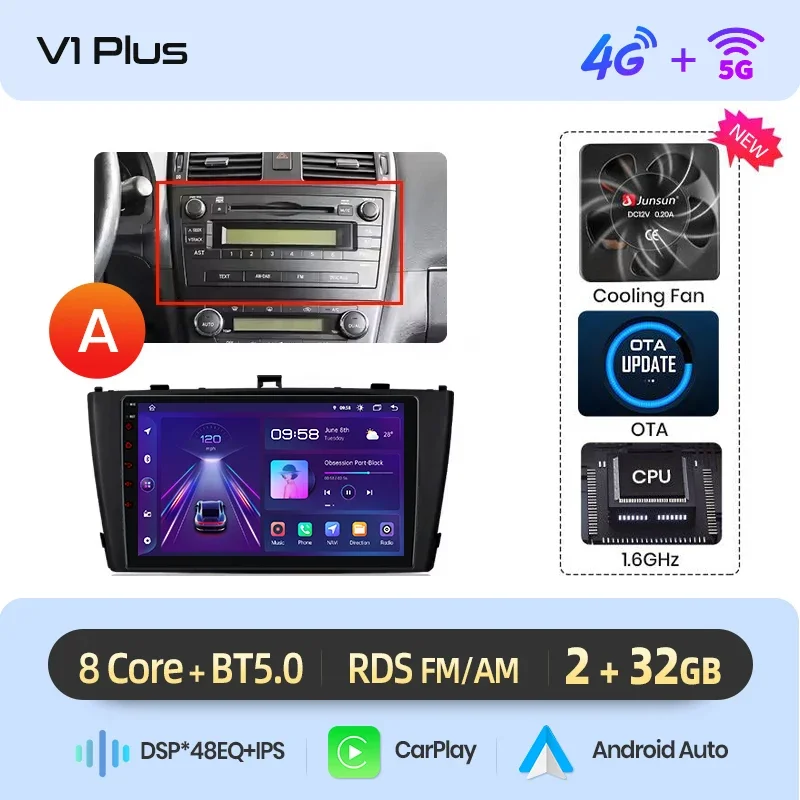 Junsun draadloze CarPlay Android Auto autoradio voor Toyota Avensis Mk3 (T270) 2009-2018 met ingebouwde koelventilator, Android GPS navigatie, multimediaspeler, WiFi, DSP, RDS, BT, SWC, IPS