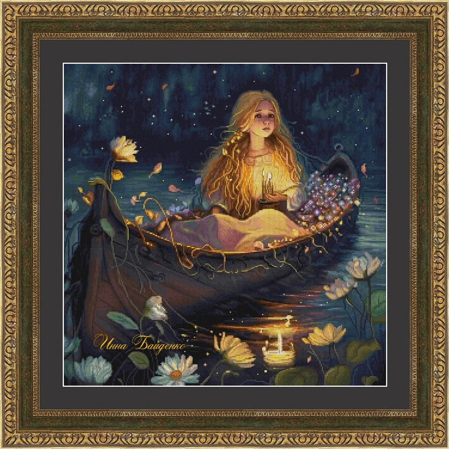 Night Mooring Flower Boat 59-59 DIY needle work Cross Stitch Set Counted Cross Stitch Kit  28ct 14ct 32ct Metallic aida