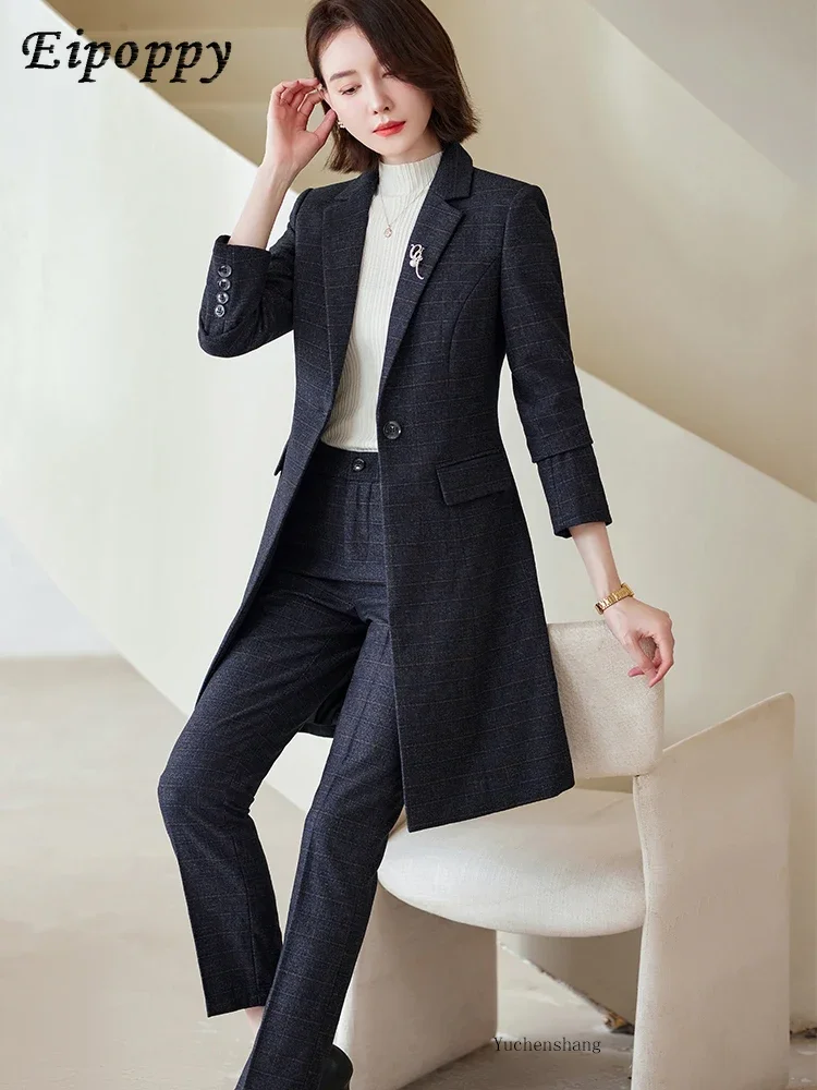 Women Work Business Wear Pant Suit Red Blue Black Coffee Plaid Long Blazer 2 Pieces Set Female Office Ladies Jacket and Trouser