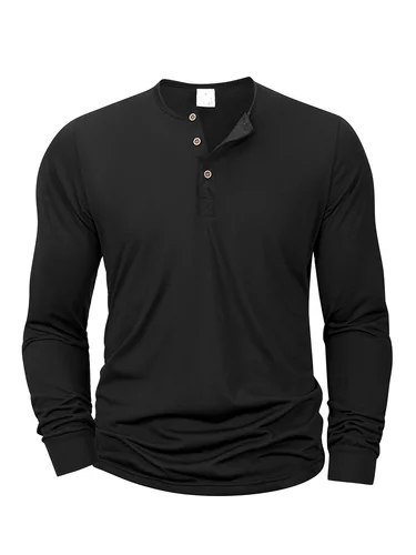 Imagen 2 del producto Camiseta de manga larga con cuello Henley para hombre, camisa ajustada por el trasero, camisetas de Fitness, camisetas informales acogedoras con cuello de botón