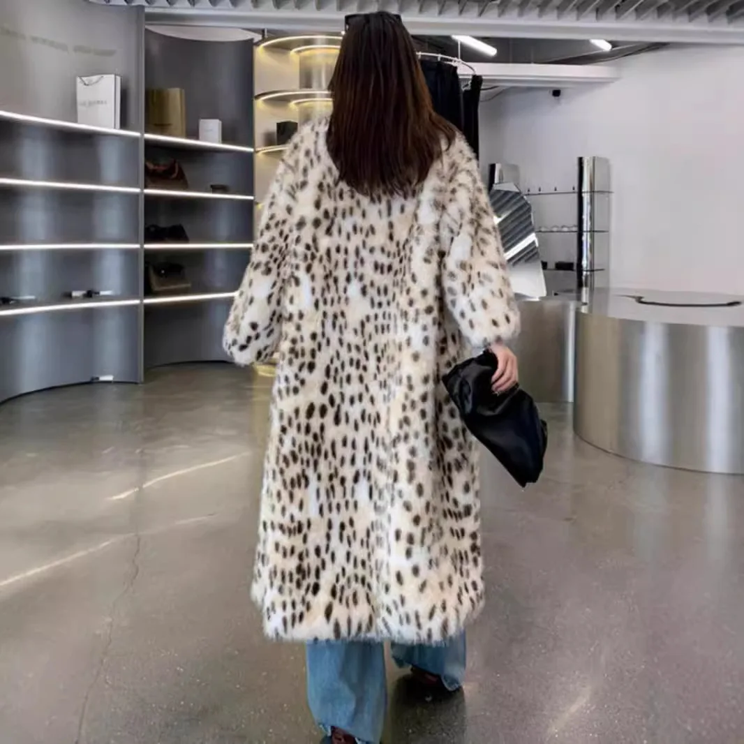 Female's Mink Fur Jacket Long Artificial Fur Outwear For Lady Leopard Print Winter Women's Eco Fur Coat Color Matching Fluffy