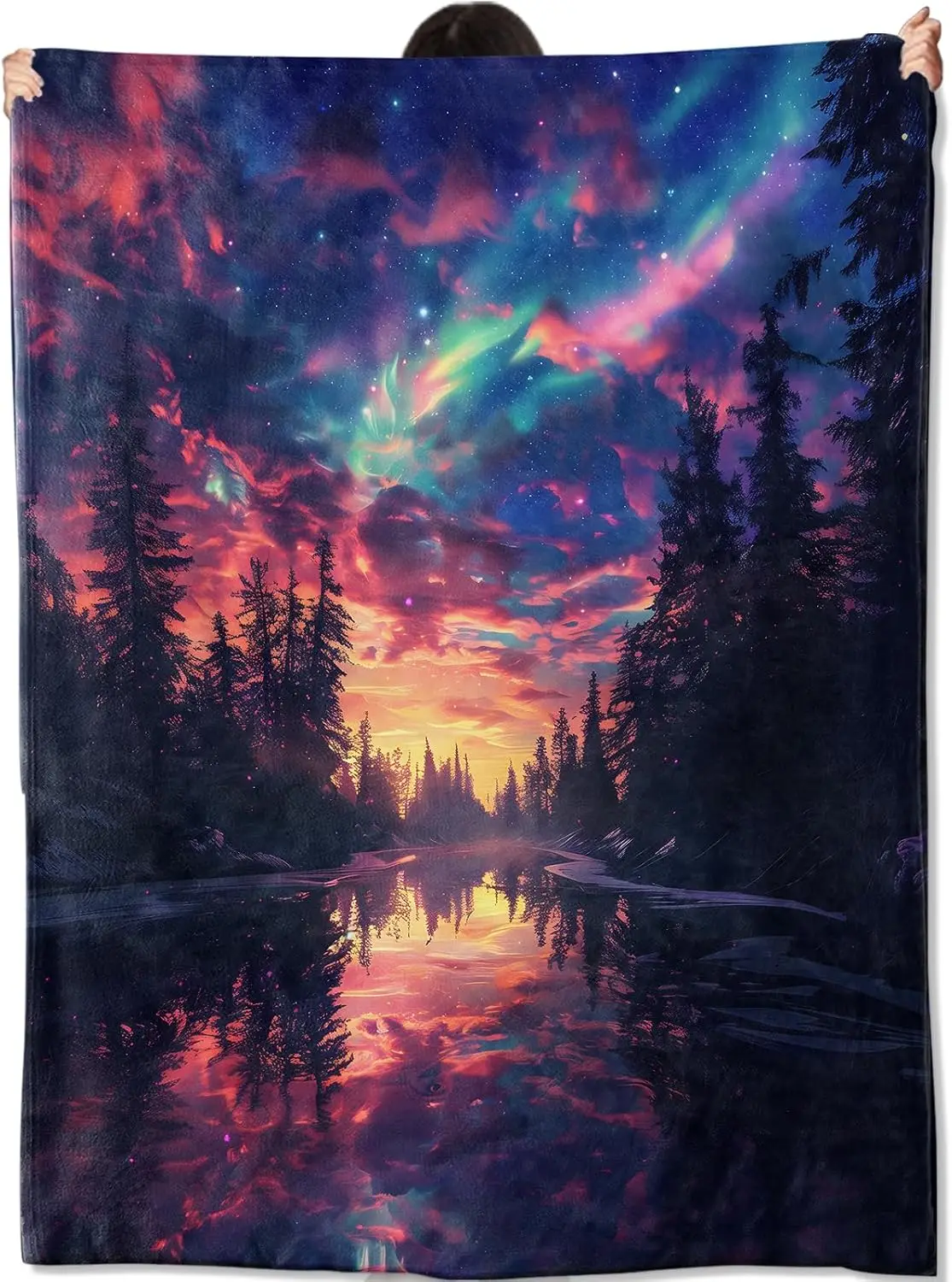 Aurora Star Pine Forest River Reflection Flannel Throw Blanket,Soft Warm Sofa Cover,Nature Style Gift For Bedroom Daily Rest Use
