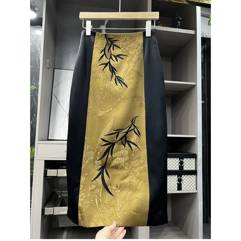 

Женственная универсальная облегающая юбка из жаккардового ацетата с контрастным принтом в китайском стиле