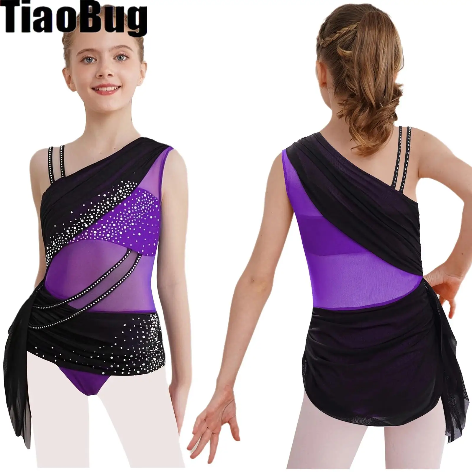 

Kids Girls Ballet Leotard Color Block Lyrical Leotard Sheer Mesh Overlay Asymmetrical Glittery Rhinestones Dress Dancewear