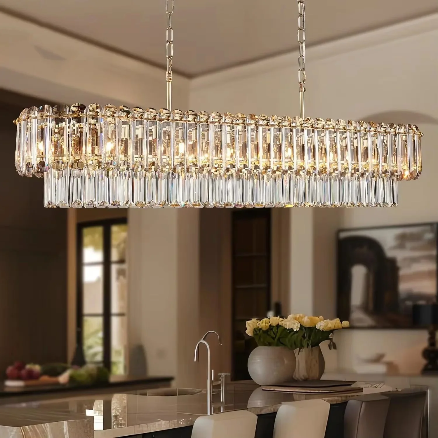 Gold Crystal Chandeliers Dining Table Light Large Rectangle Luxury Pendant Light Fixture for Kitchen Island Entryway Living Room view 3