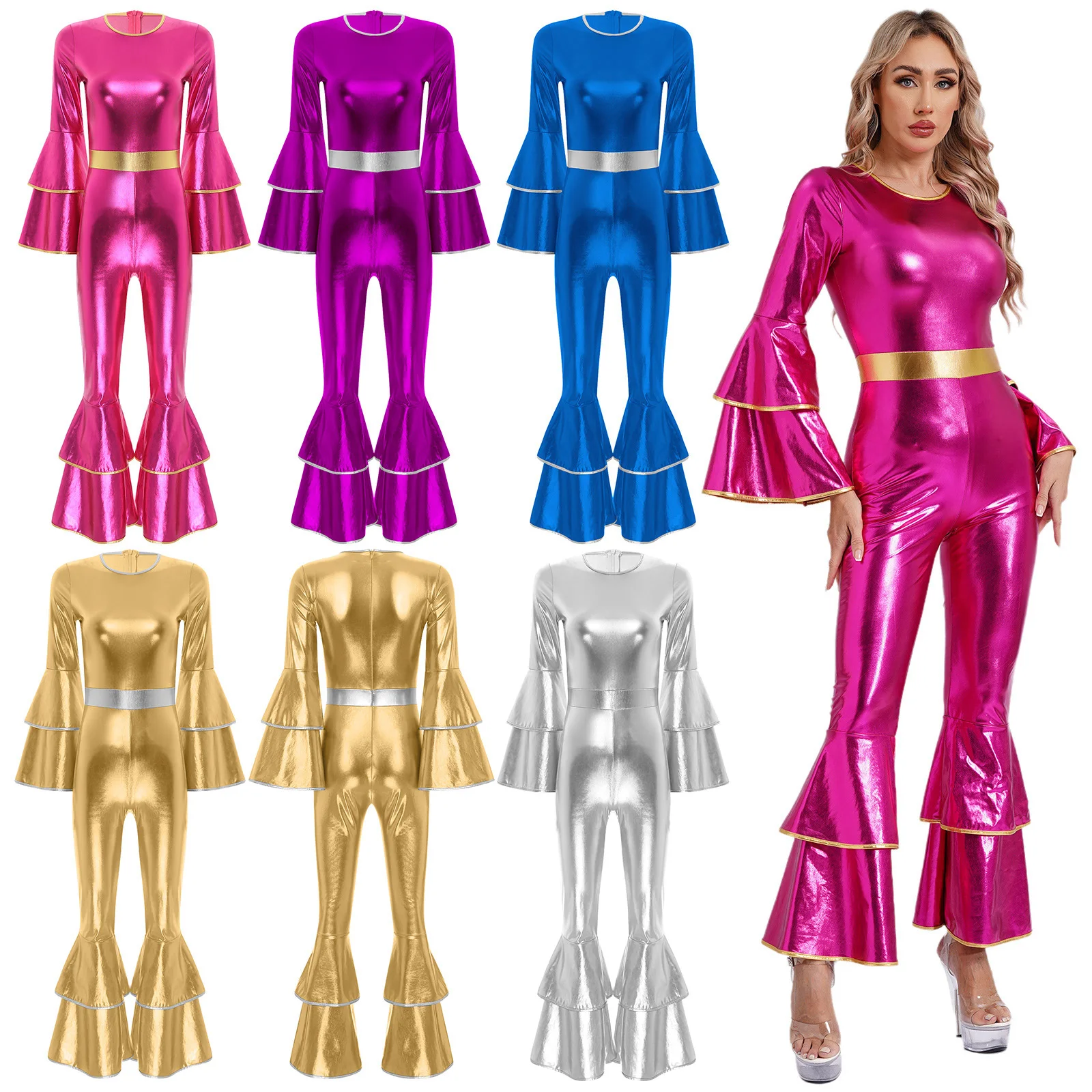 Vintage 70S Disco Jumpsuit Women Metallic Flare Sleeve Bell-bottom Hippie Bodysuit for Halloween Theme Party Dress Up Clubwear