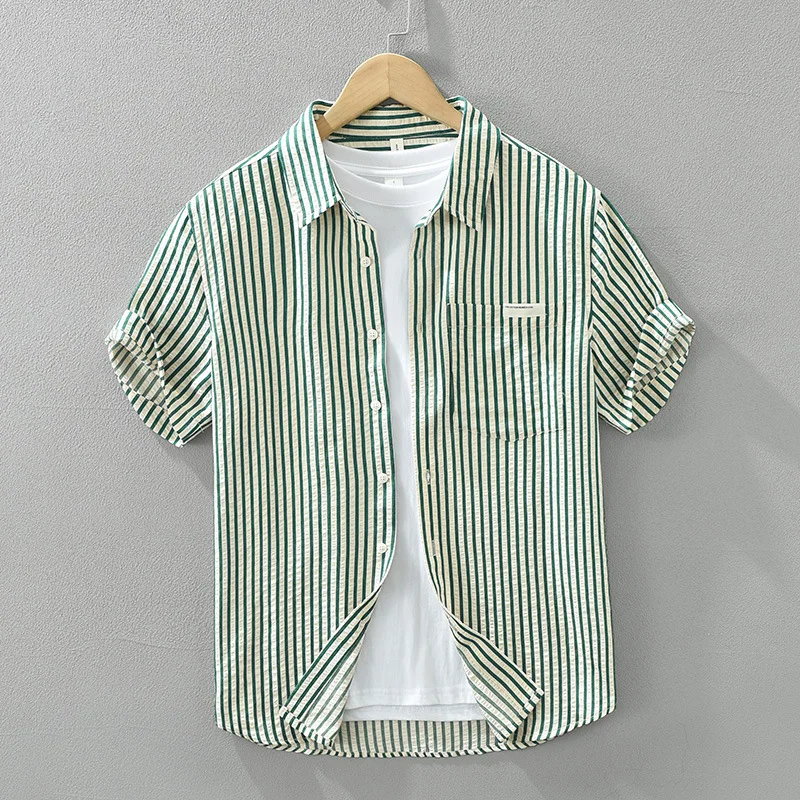 

Men's Japanese Style Striped Loose Fit Short Sleeve Shirt Casual and Artistic Cotton Shirt for Men Camisas De Hombre TS-776