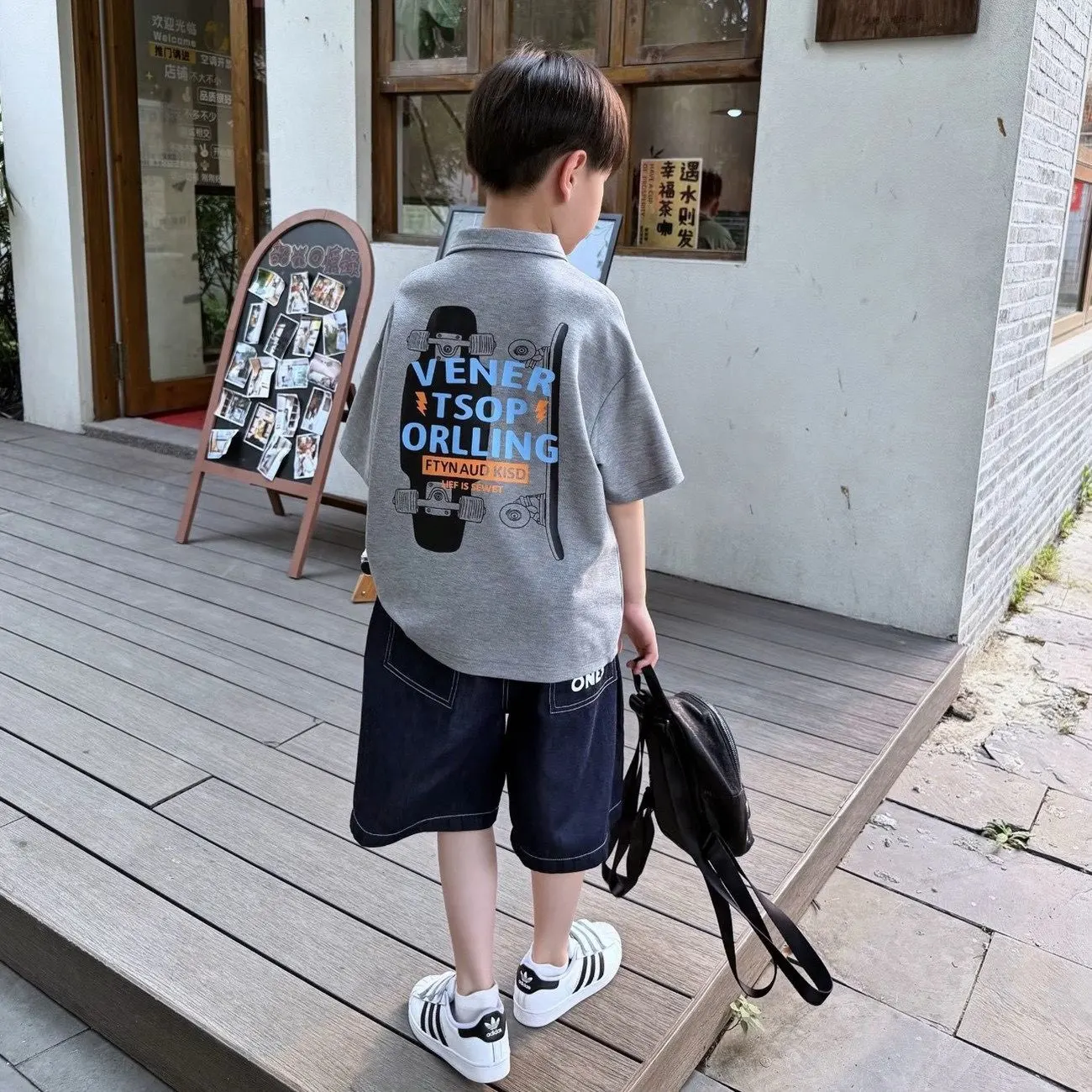 Boys' Summer Polo Shirt Set New Style Middle and Large Children's Elegant Casual Handsome Two piece Set
