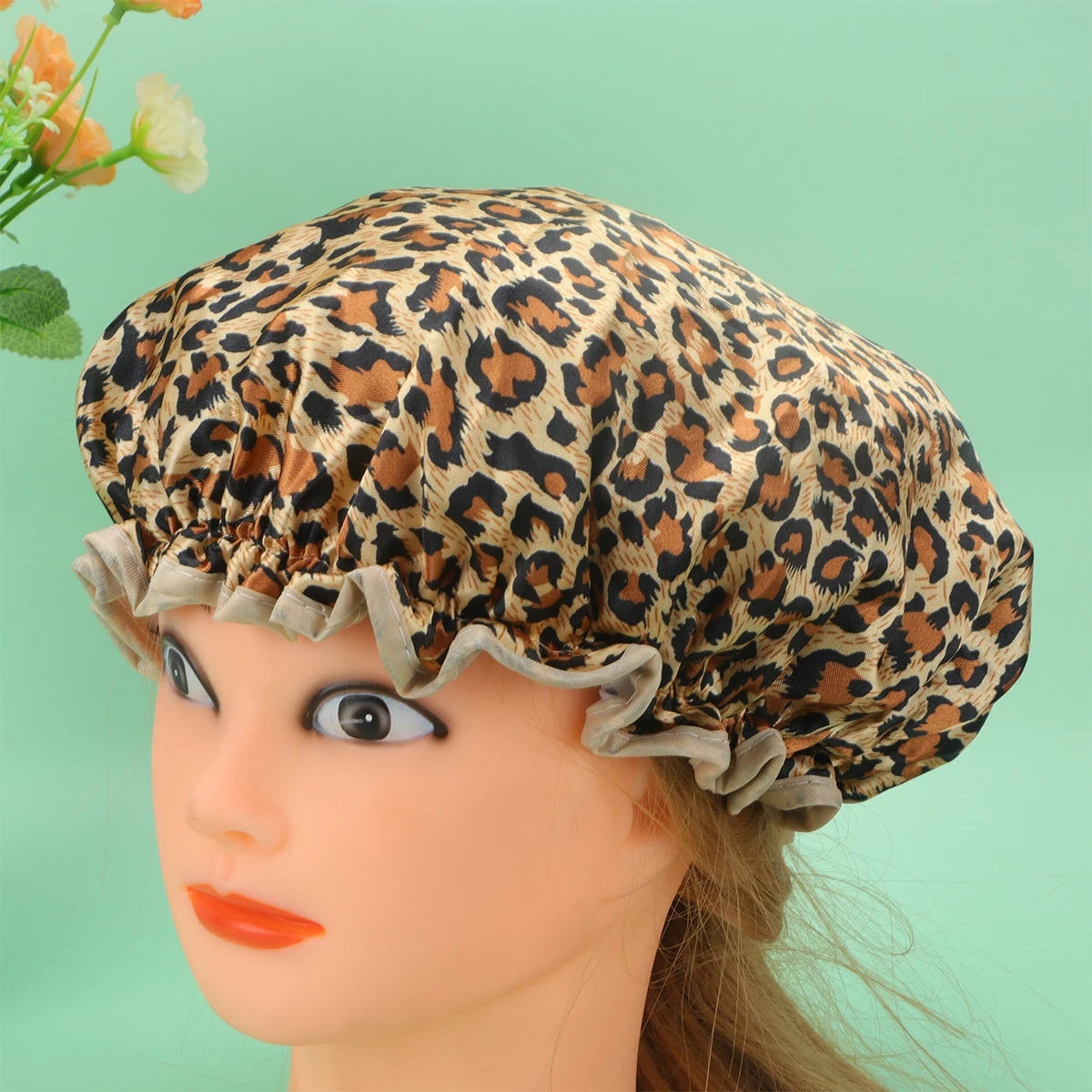 

2pcs Waterproof Shower Cap Double-Layer Peva Bathing Cap For Hair Protection Makeup Beauty Salon Use Leopard Print