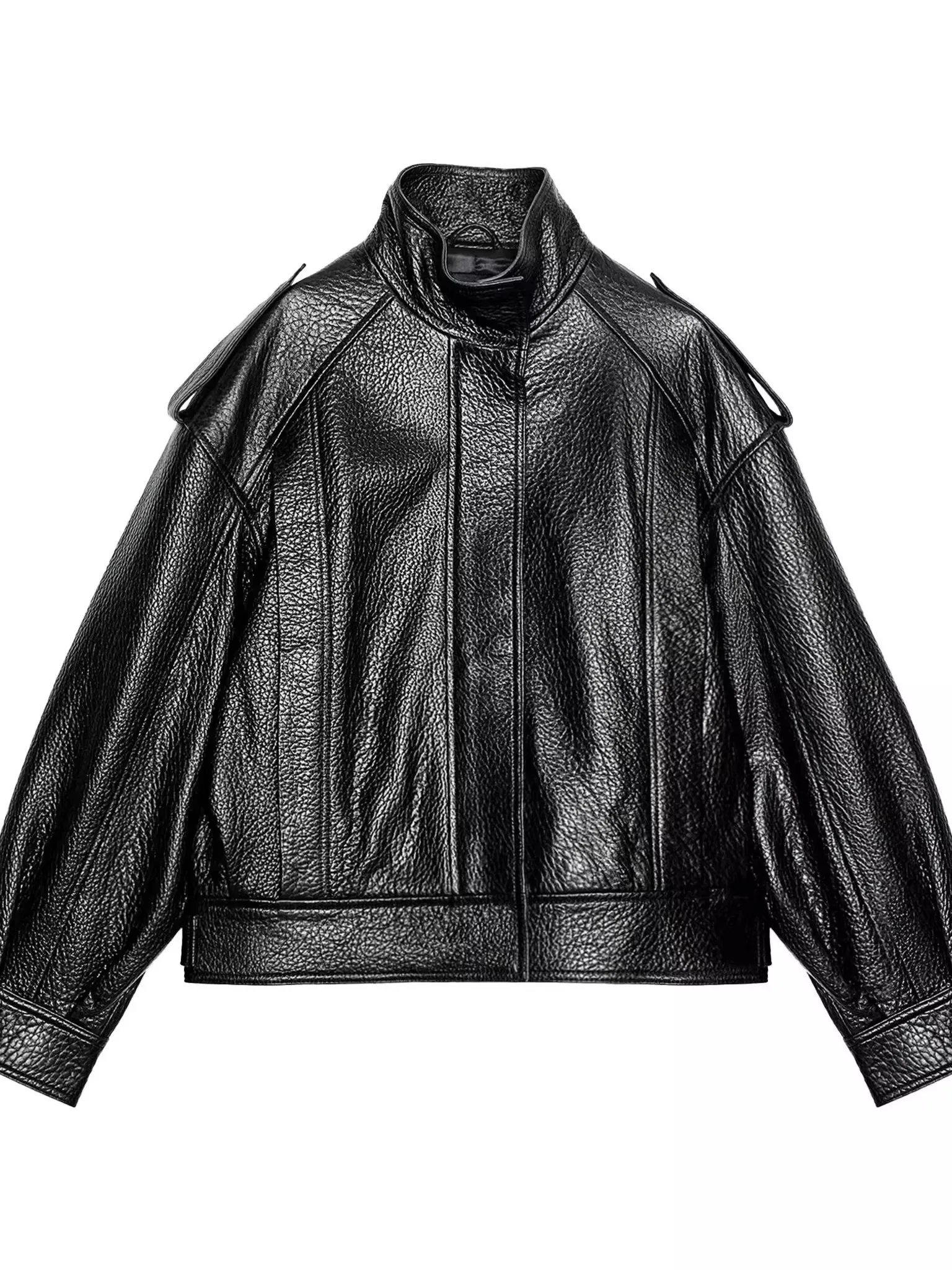 New 2025 Autumn Women's Bla PU Leather Pilot Jaet Coat ZW Series Commute Sle Loose Fit Antibacterial Long Sve