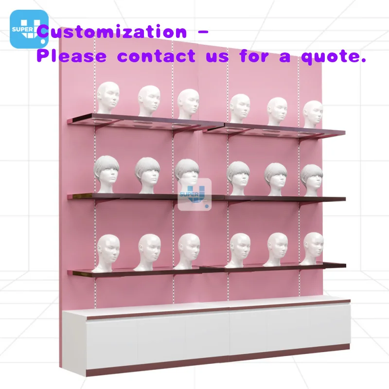 custom.Custom Bottom Storage Hair Salon Wall Display Adjustable Glass Pink Stainless Steel Frame Shelf Mannequin Wig Display She