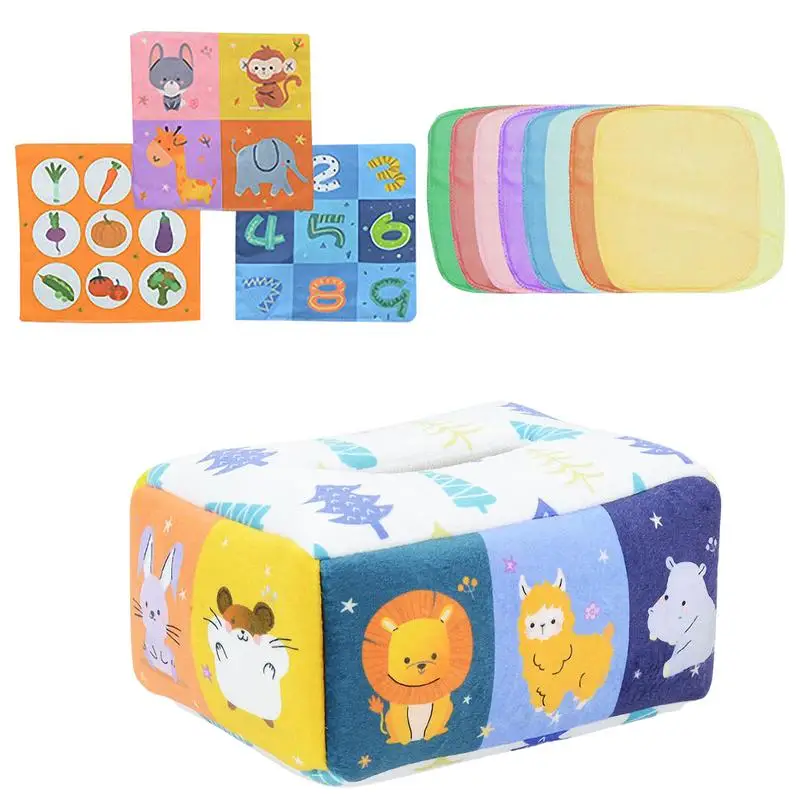 Baby Tissue Box Toy Montessori Educational Pull Along Tissue Box Colorful Colorful Soft Development Sensory Toy for Toddlers