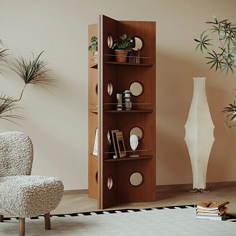 Retro display screen living room solid wood storage rack, folding mobile cover bookshelf