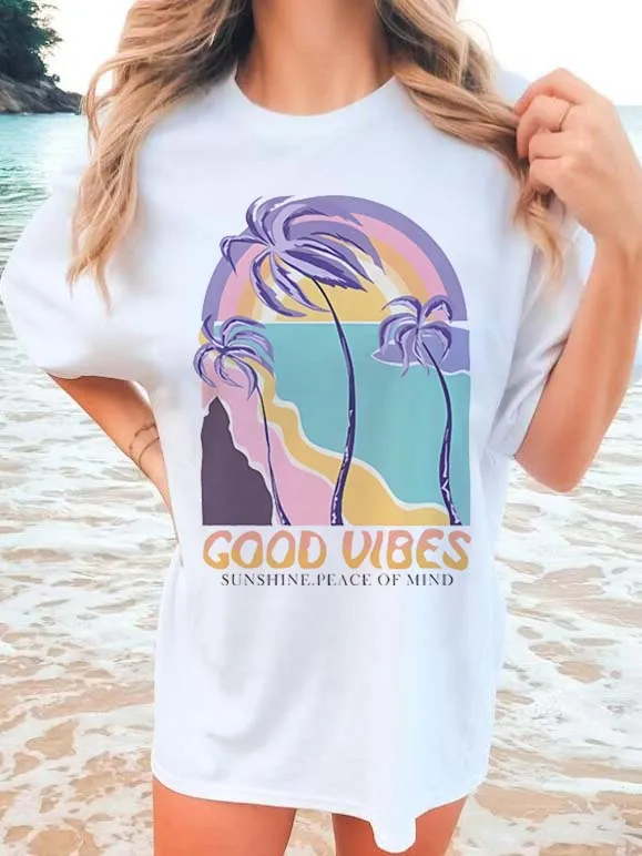 2024 Fashion Women's Loose Fit Short Sleeve T-Shirt with Beach Vacation Slogan & Palm Tree Print, Summer T-shirts for Women