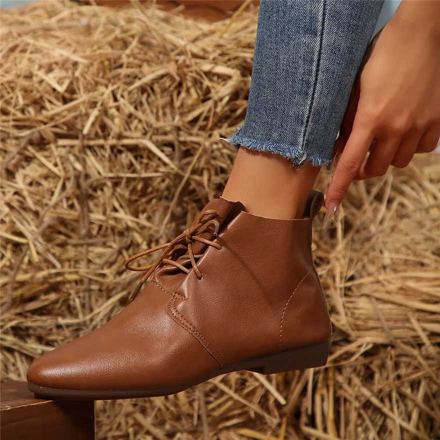 Mixed Colors PU Leather Ankle Boots Women Autumn Pointy Toe Lace Up Casual Shoes Comfort Ladies Work Short Botas Plus Size 35-43