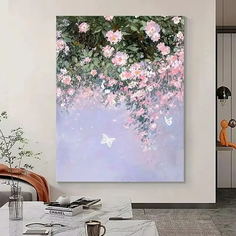 Light Luxury Dining Room Hanging Painting Pink Flowers Pure Hand Drawn Oil Painting Corridor Sofa Background Decoration Painting