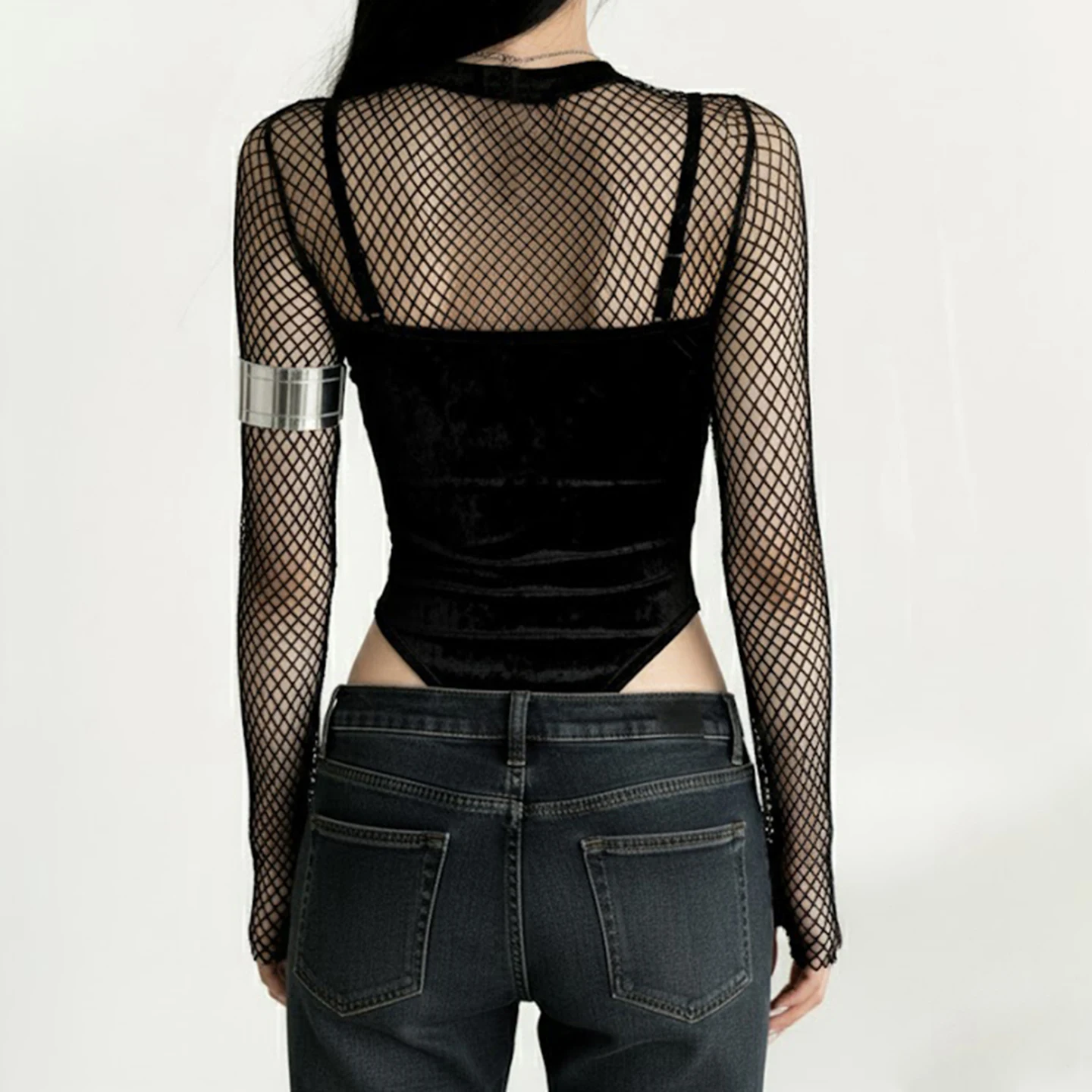 Gothic Dark Printed Mesh Patchwork Sheer Long Sleeves Bodysuits Hottie Sexy Skinny Black One Piece Top Women's Chic Romper New