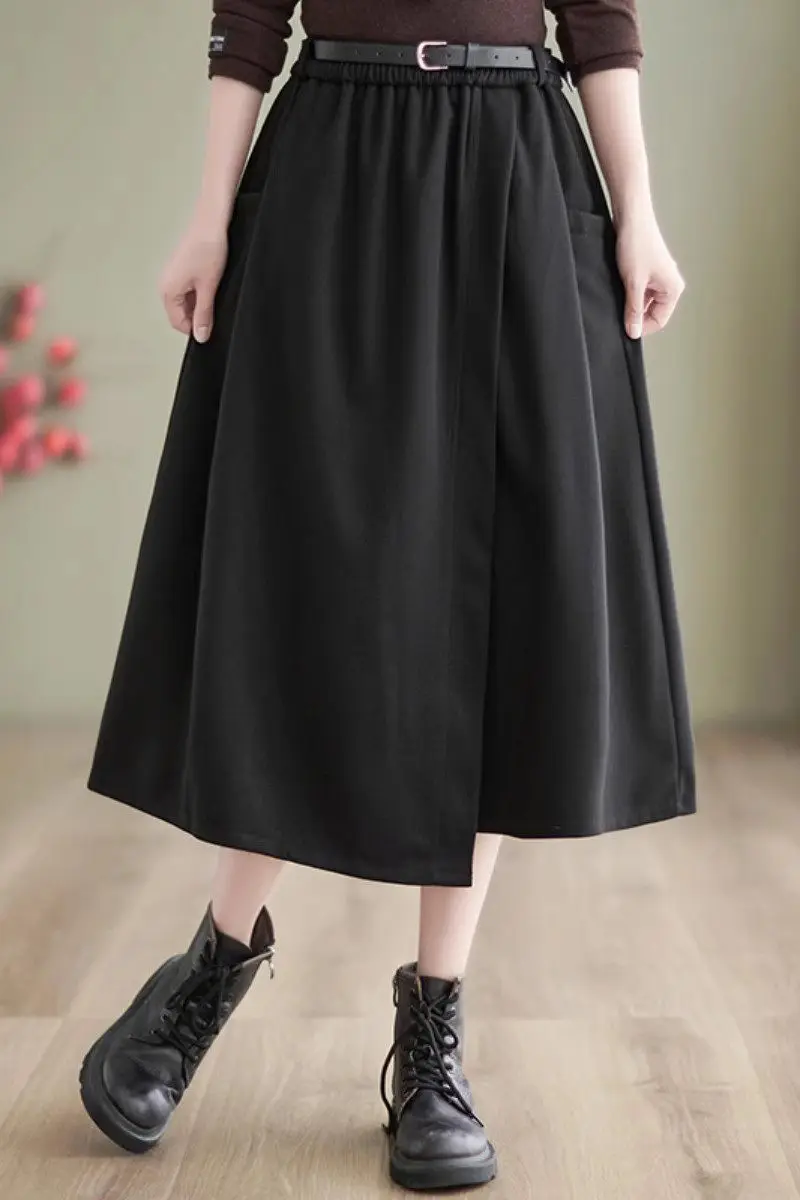 Irregular Woolen Skirt For Women Elastic Waist Fashion Oversized A-Line Versatile Mid Length Autumn Winter Skirt Faldas Z2971