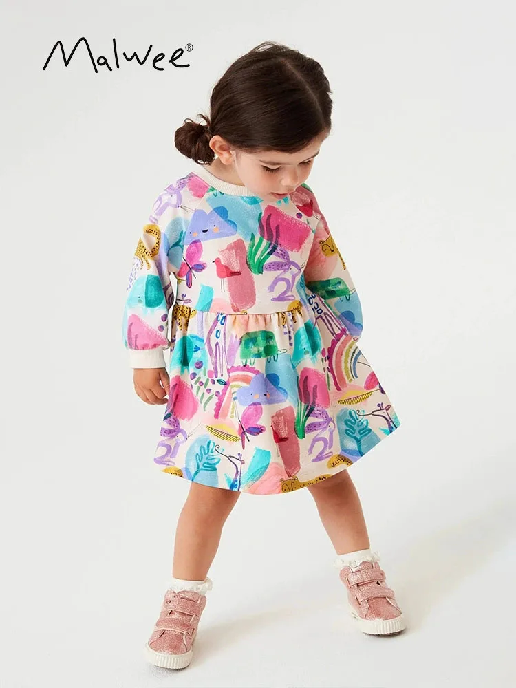 

Malwee round neck long sleeve dress cute cartoon pattern stitch pure cotton baby girl casual design versatile summer comfortable