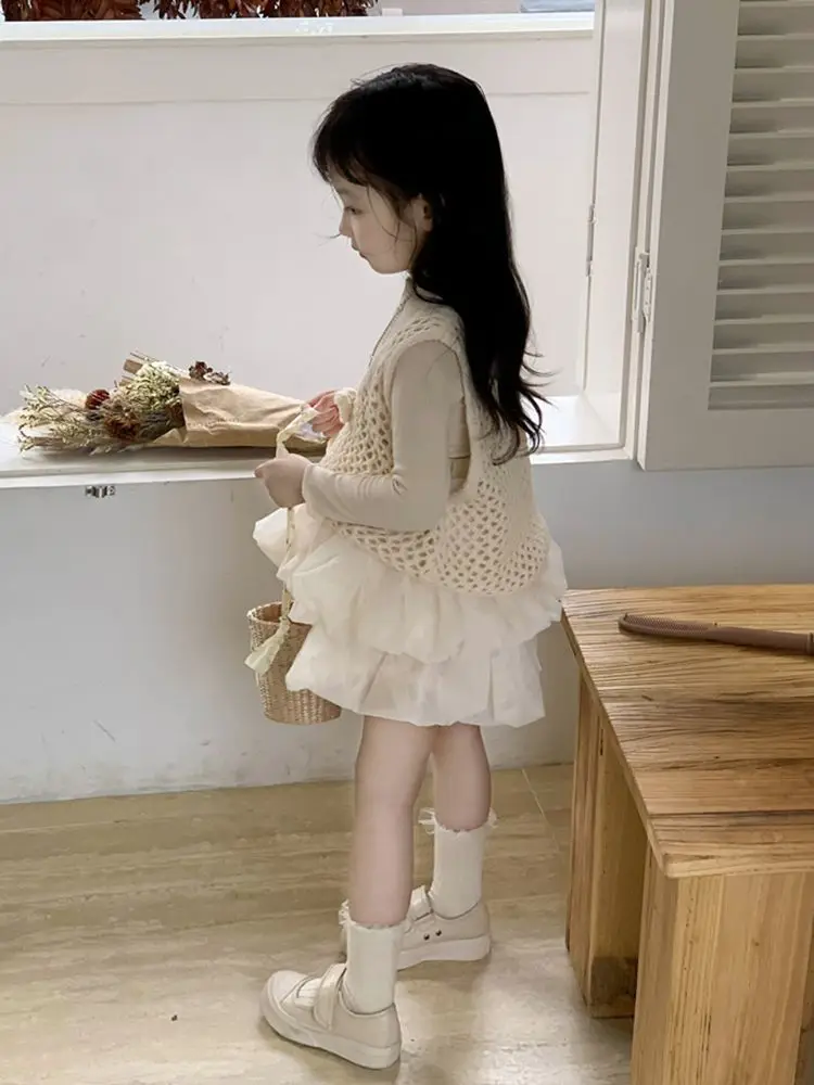 Girls' Set Spring and Autumn New Sweet Children's Light Apricot Top Mesh Half Skirt 2-piece Set