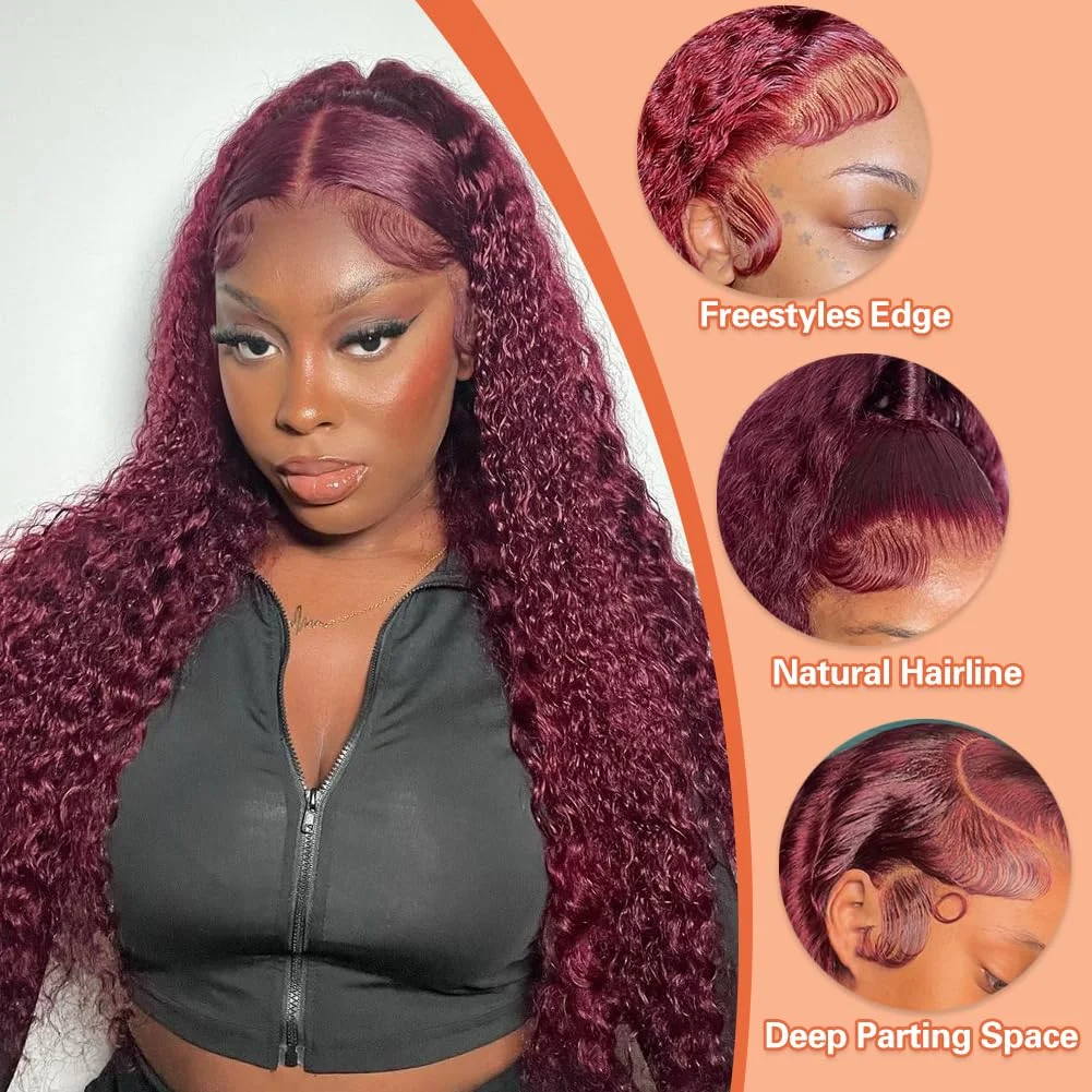 13x6 موجة عميقة HD الدانتيل الباروكة الأمامية شفافة 13x4 99J بورجوندي مجعد الدانتيل الجبهة الباروكات الأحمر اللون عميق متموج خصلات الشعر المستعار الإنسان