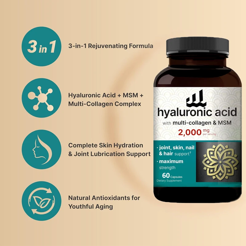 Hyaluronic Acid Supplement | Contains MSM and Multi Collagen -3-in-1 Support - Skin Moisturizing, Joint Lubrication, Eye Health