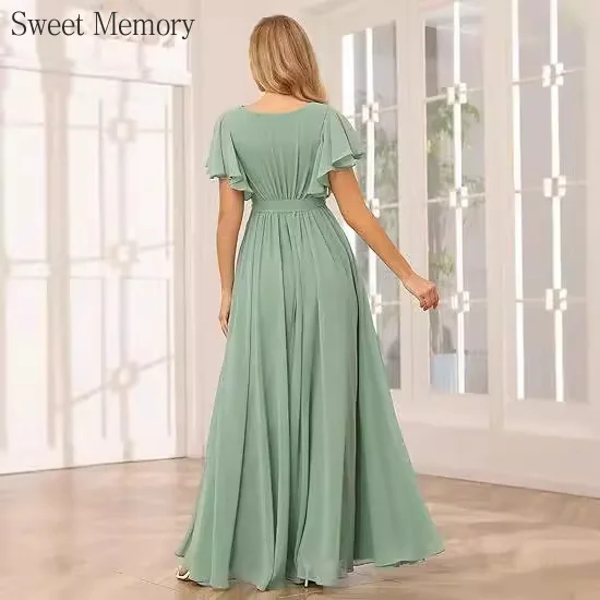 Vestidos de Noche elegantes personalizados, vestido largo hasta el suelo de gasa con cuello en V y manga corta, vestido de fiesta con memoria dulce para mujer