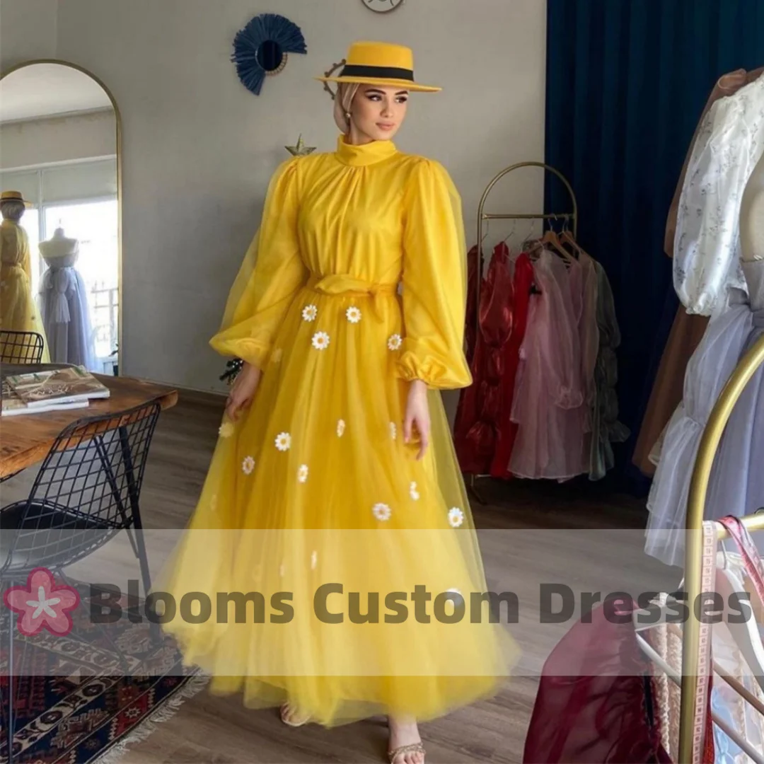 

Blooms Yellow Tulle Small Daisy Elegant Women Evening Dresses Puff Long Sleeves A-Line Custom Prom Dress Formal Occasion Gown