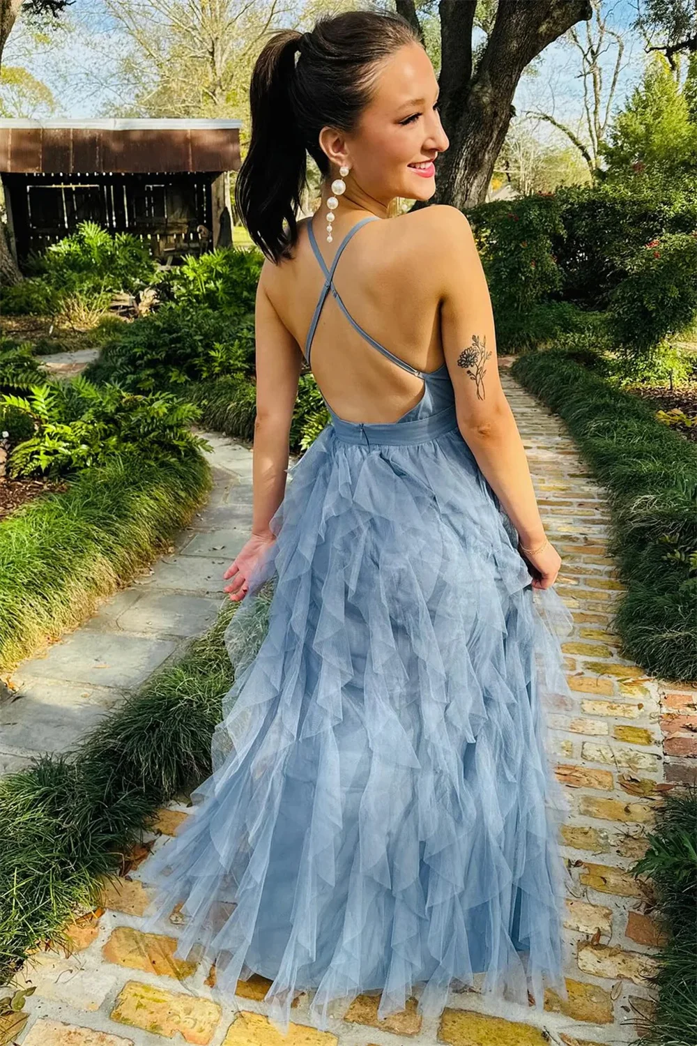 Jessica Gray-blue Prom Dresses V-neck Tulle Multi-layered A-shape Evening Dresses Sexy Backless Elegant Wedding Party Dress