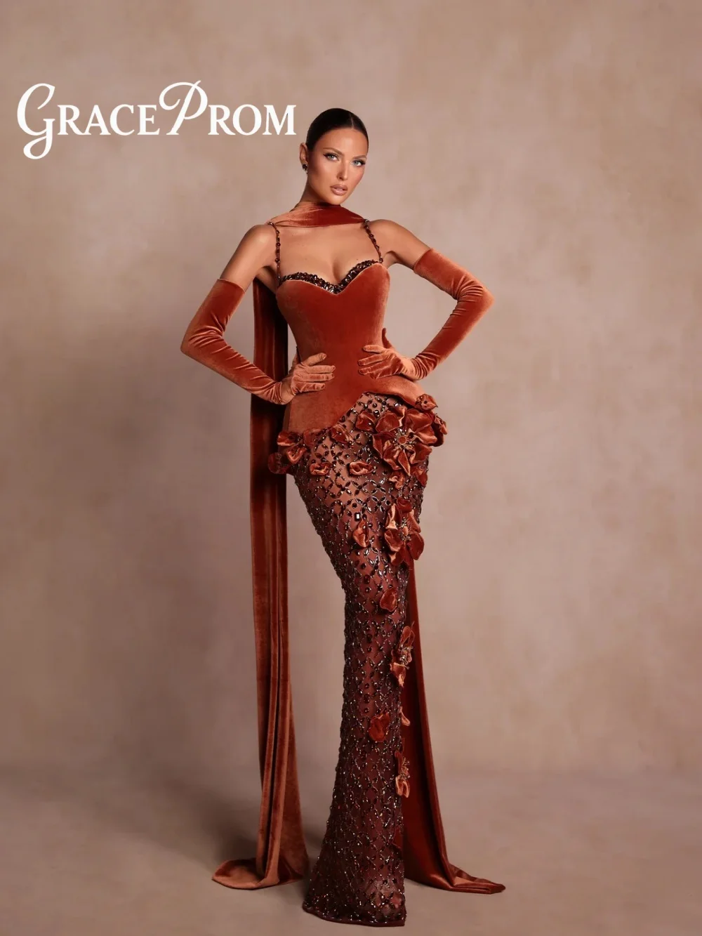

GraceProm Luxurious Caramel Evening Dress 2026 Floral-Embellished Carpet Gown Trendy A-Line Floor-Length Party Gown فساتين سهرة