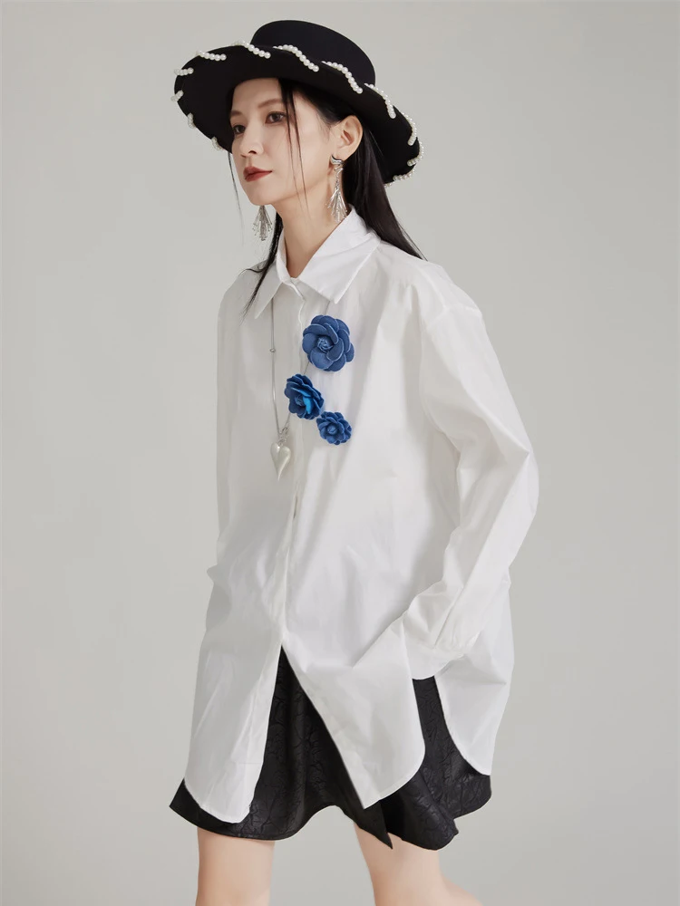 Women White Blue Flower Big Size Elegant Blouse New Lapel Long Sleeve Shirt Fashion Tide Spring Autumn