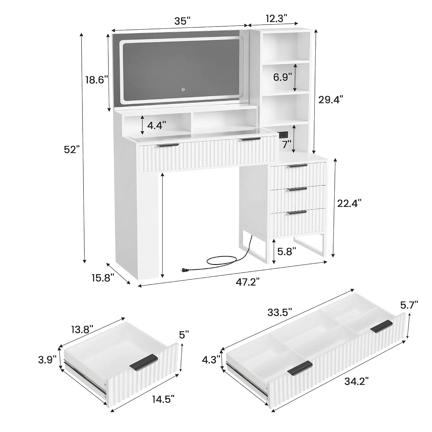 Fluted Makeup Vanity Desk with Mirror and Lights & Charging Station, Customized