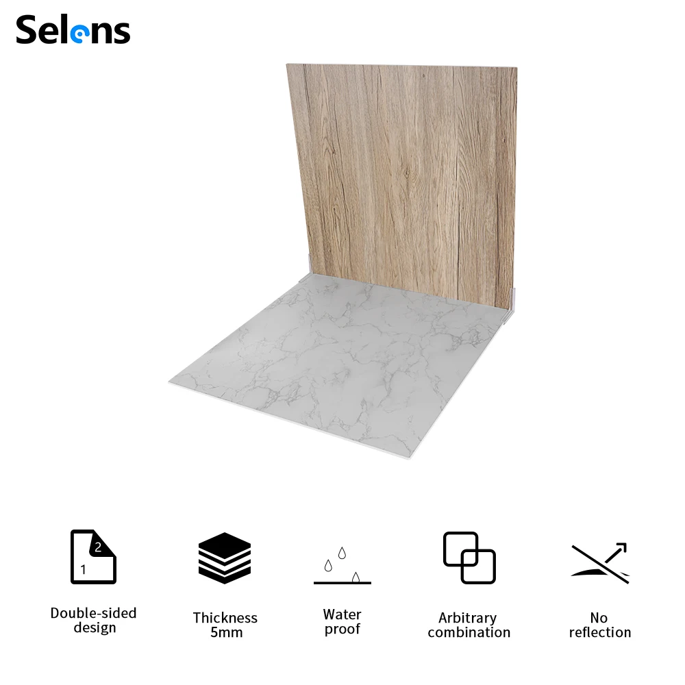 Selens 23.62x23.62inch 60x60cm PVC Double-sided 3D Texture Background Board Lifelike Wood Marble Decoration Photography Backdrop