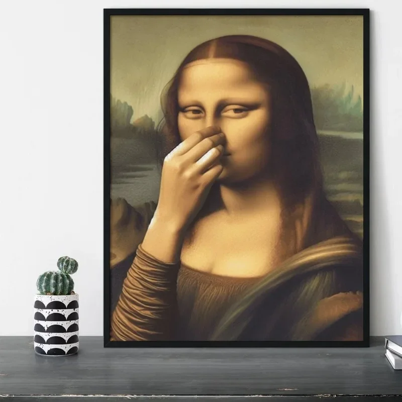 1pcs(No frame) Mona Lisa Bathroom Wall Art Decor Covering Her Nose,Vintage Poster Print TCanvas et Funny Funny Canvas Painting W