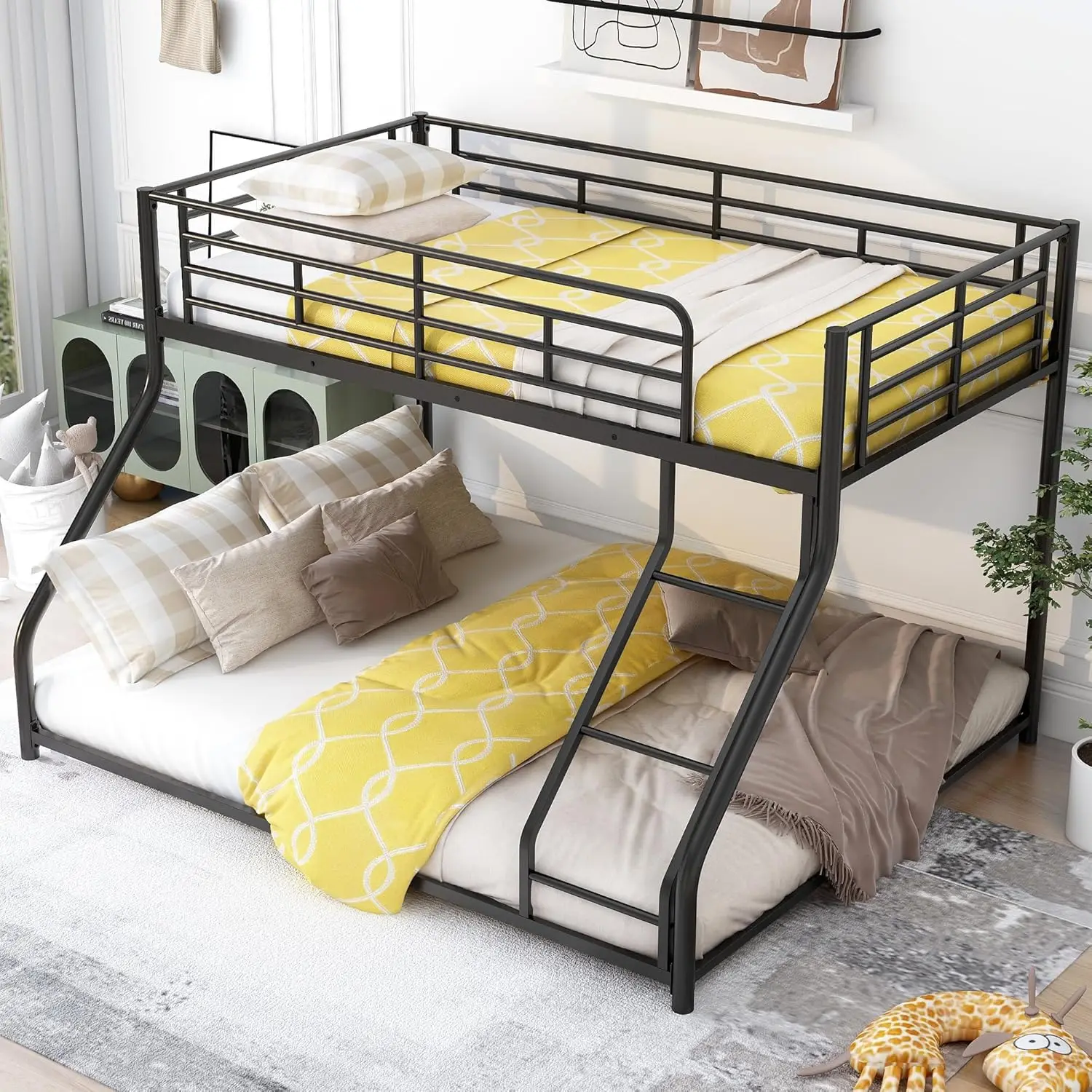 

Metal Floor Bunk Bed, Twin XL Over Queen, Black,82.4''L x 62.4''W x 53.7''H